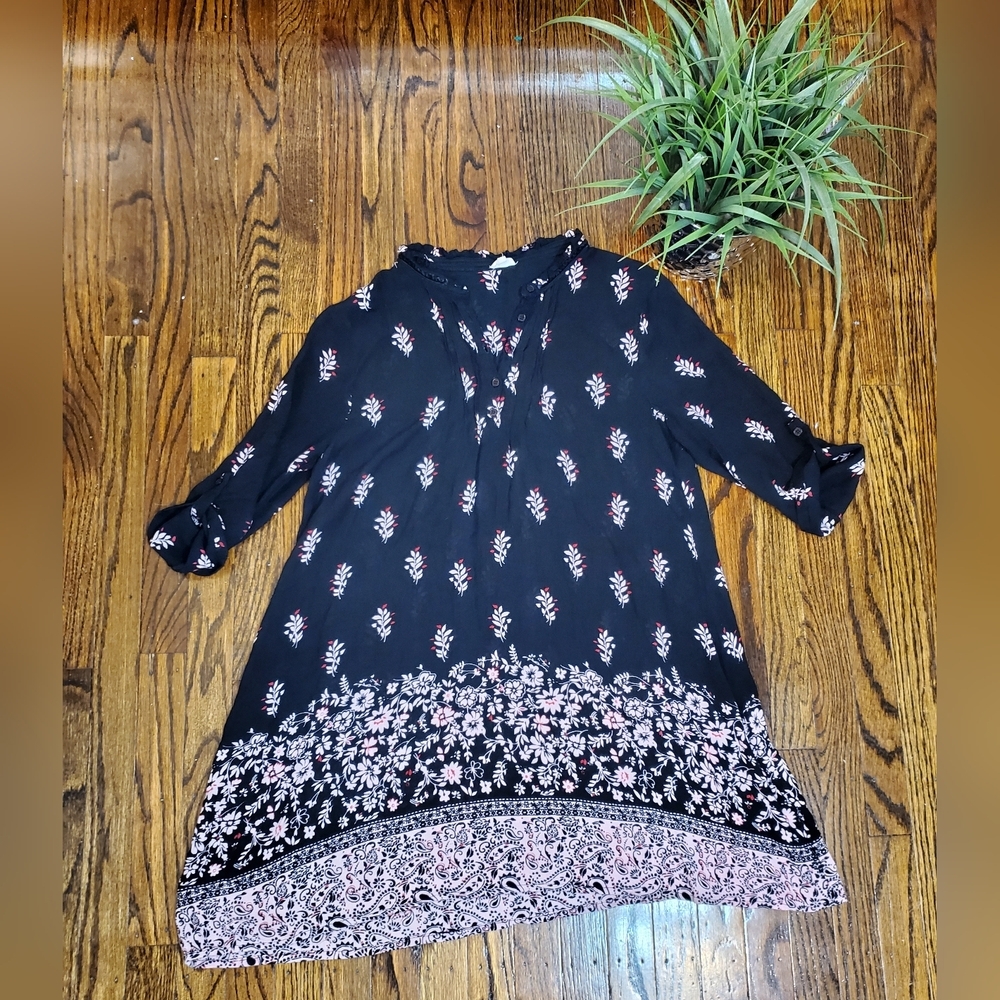 En Crėme Women's 3/4 Sleeve Boho Floral Tunic Top Dress Black and Pink Size L
